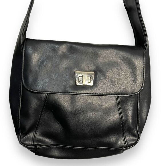 Faux Leather Shoulder Bag Womens Black Pockets Retro Pockets Minimalist Turnlock - Picture 3 of 11